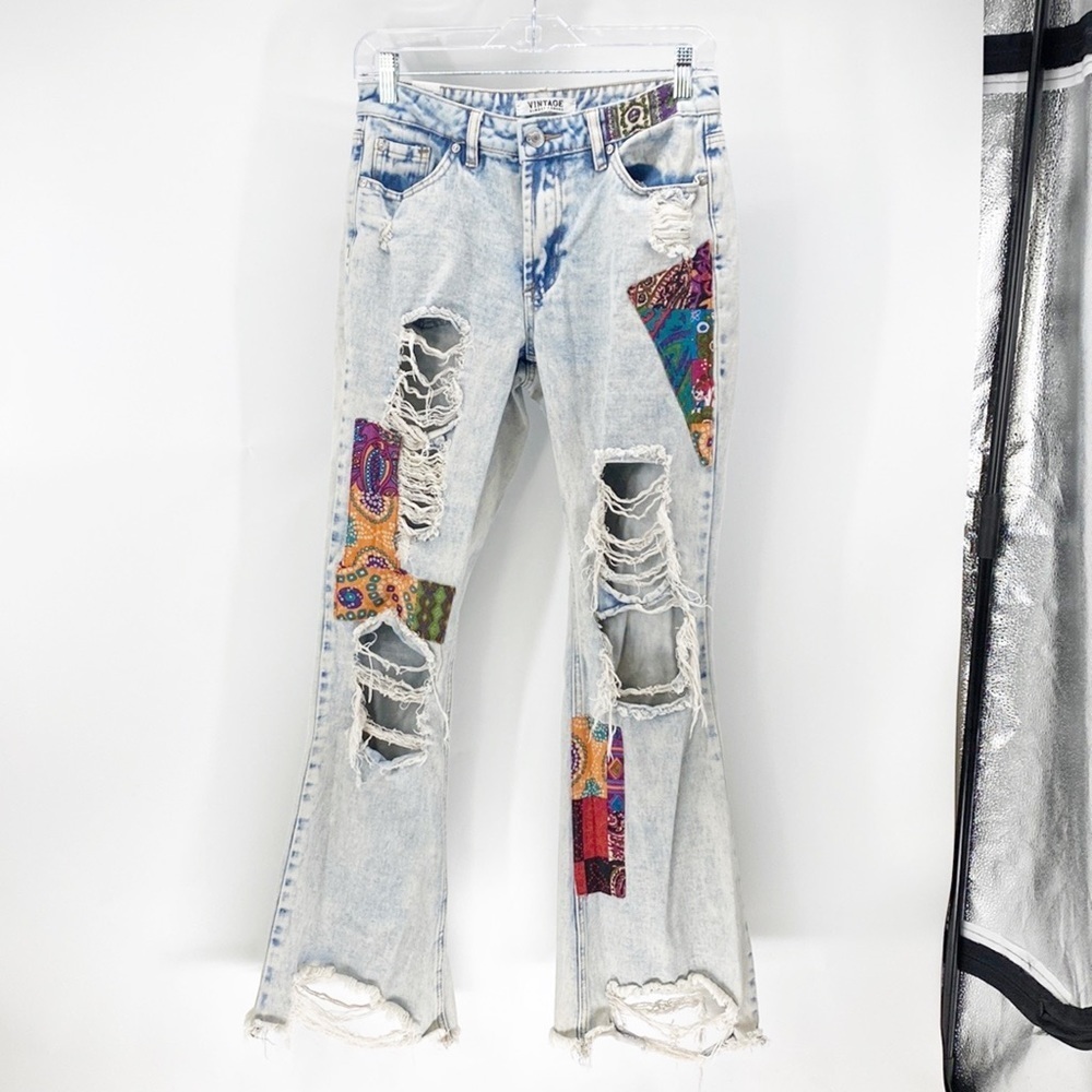 Vintage Almost Famous Flared Mid Rise Light Denim patchwork deconstructed artsy